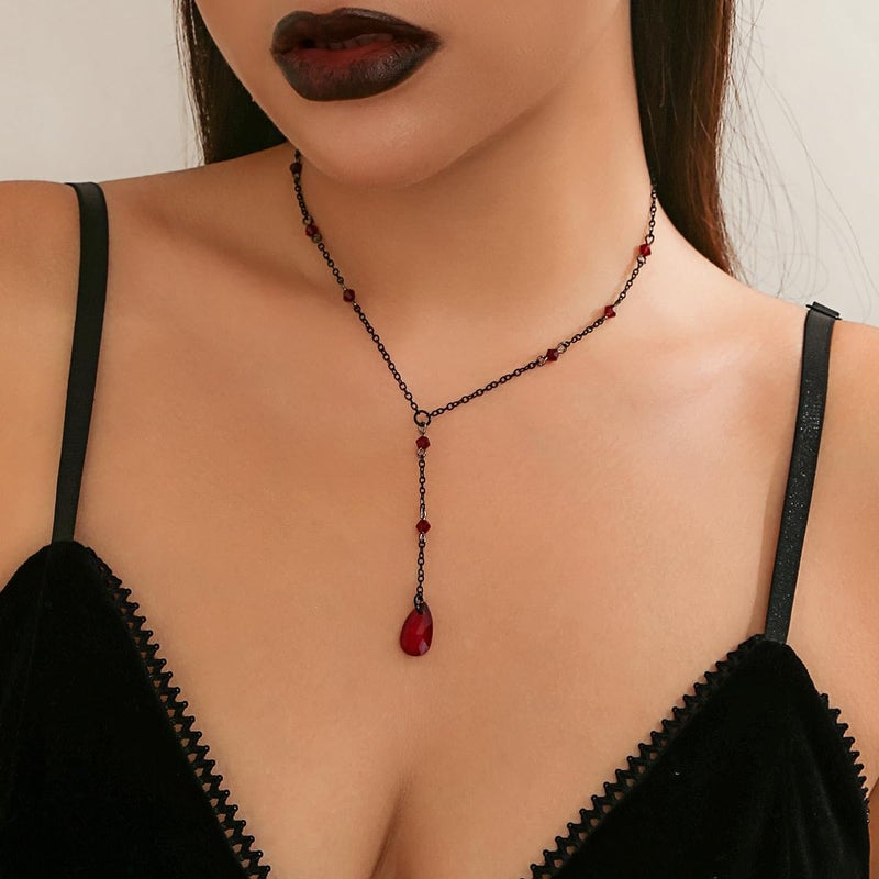 Cicod Gothic Y Necklace,Goth Black Red Crystal Bead Teardrop Necklace,Punk Y Necklace,Halloween Christmas New Year Jewelry Vampire Accessories for Women - Image 1